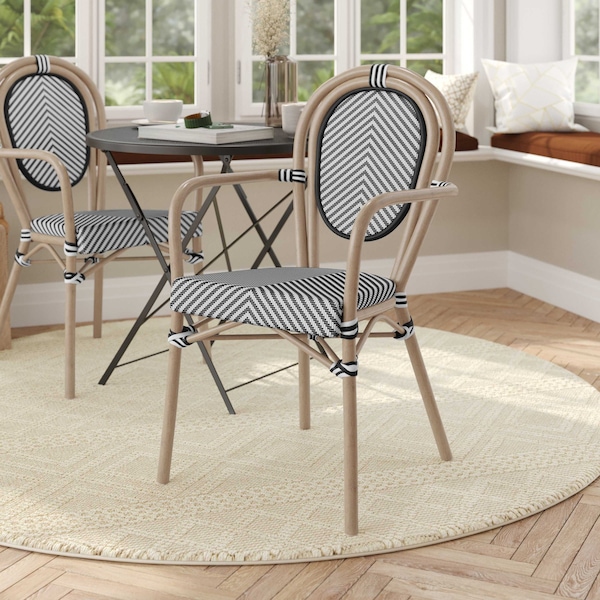 Flash Furniture Marseille Thonet French Bistro Stacking Chair w/Arms, Black/White Textilene/Bamboo Print Alum Frame SDA-AD642002A-TXT-BLKWH-LTNAT-GG - main